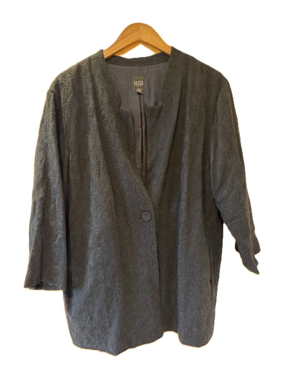 Eileen Fisher Wool Gauze Embroidered Jacket, Black/Blue, 3/4 Sleeve, Plus 1X
